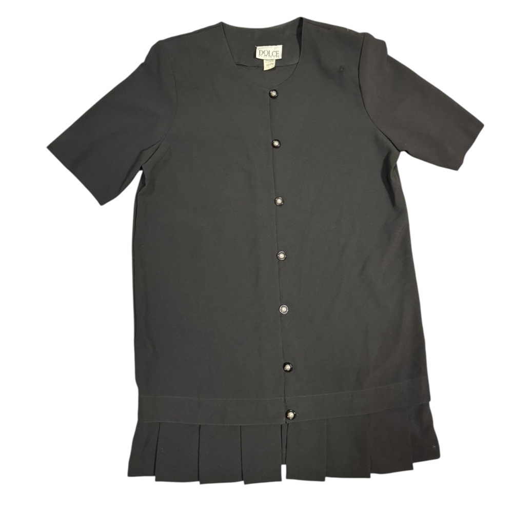 Vintage Dolce Black Button Up Midi Dress with Pleated Hem Size Large